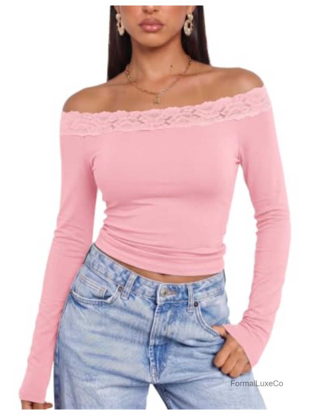 Off Shoulder Long Sleeve Lace Trim Knit Top Soft Stretch